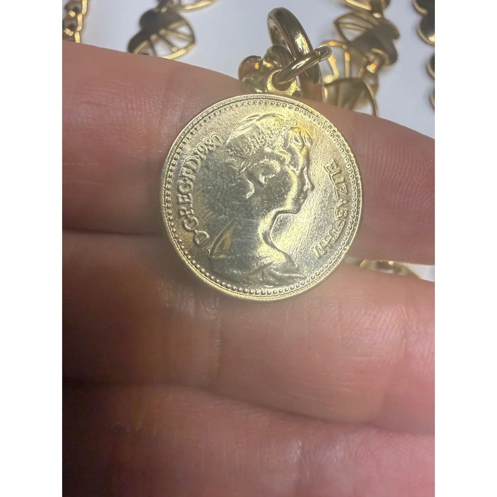 Gold Heart Link Chain Belt Falkland Islands 1982 Coin Charm Adjustable 41 inch